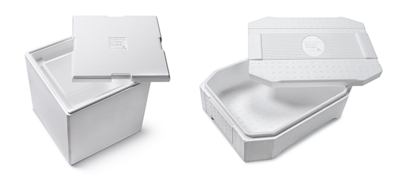 Two white insulated boxes