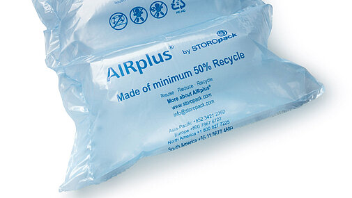 A blue 100% Recycled air cushion strip