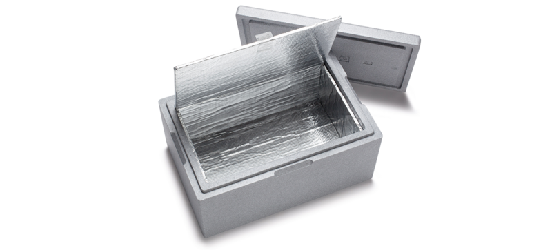 A gray insulated box with insulating film