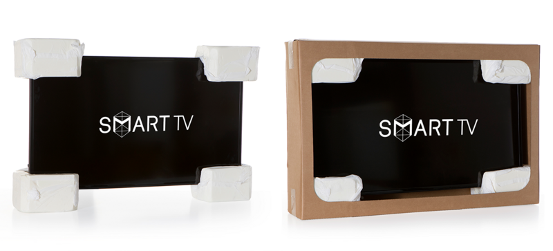 Two TV sets protected at the corners using foam packaging