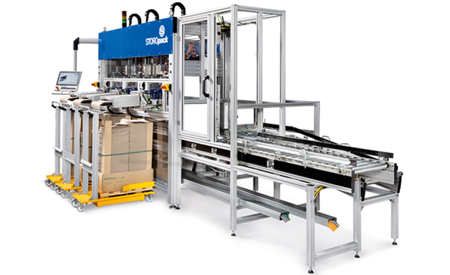 Automated packaging machine with conveyor system.