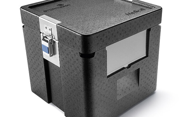 A black insulated box containing IV bags and cooling elements