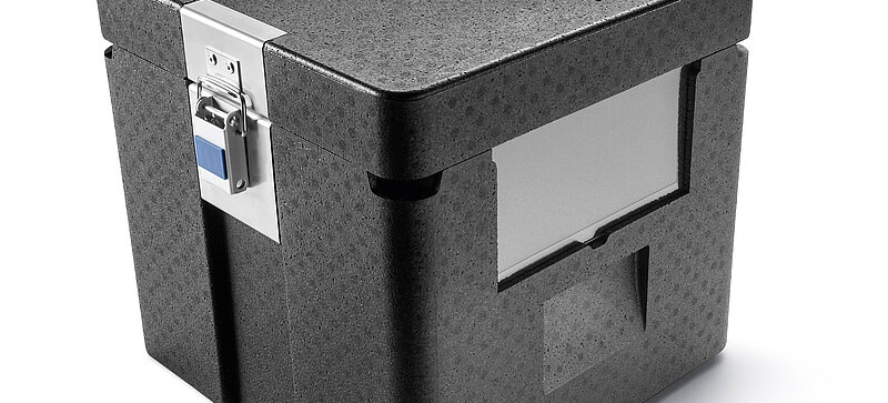 
		  A black insulated box containing IV bags and cooling elements