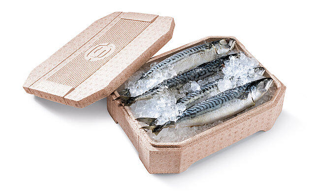 A brown bioplastic insulated box containing fresh fish and ice
