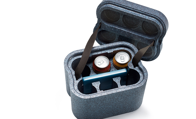 A customized blue insulated box containing beverage cans