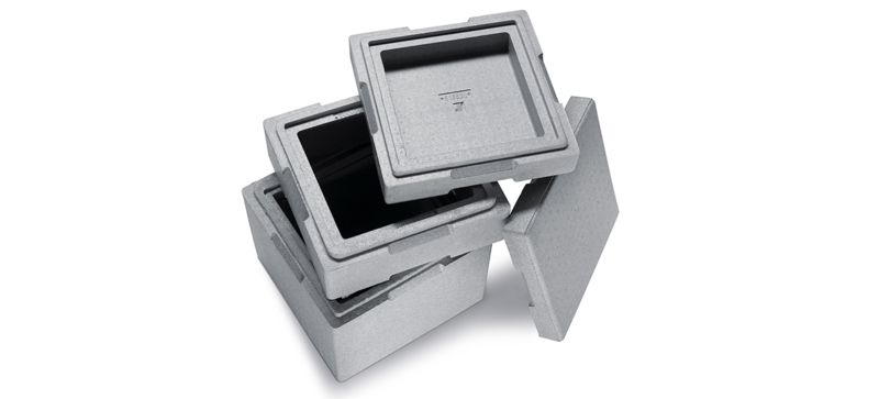 A gray insulated box with intermediate rings and lid