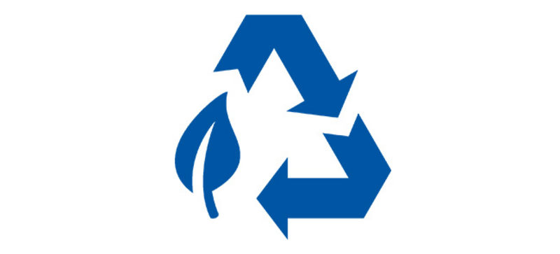 A blue recycling logo